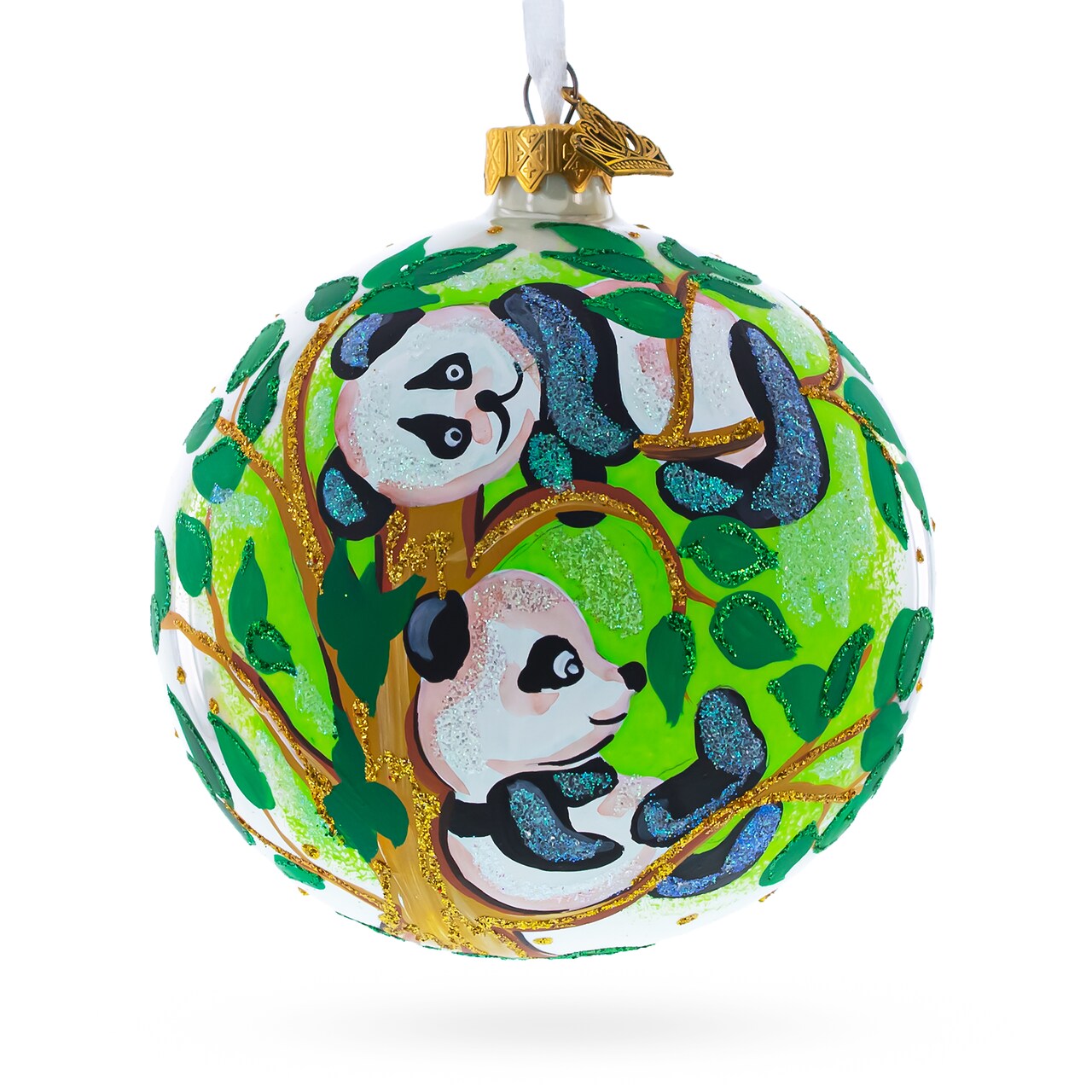 Panda Bears on Tree Branch Glass Ball Christmas Ornament 4 Inches